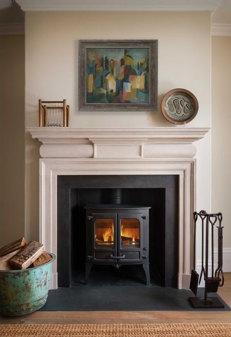 Wood Burner With Mantle, Fireplace With Log Burner Ideas, Log Burner Living Room Victorian, Stove With Stone Surround, Fireplace Log Burner Ideas, Log Burner With Fireplace Surround, Gas Wood Stove Fireplace, Log Burner And Surround, Victorian House Log Burner