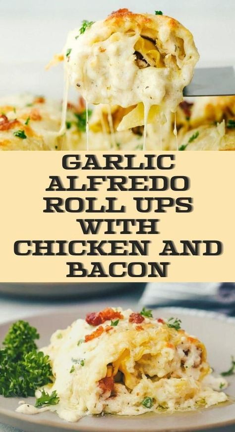 Chicken Alfredo Rolls, Alfredo Roll Ups, Bacon Lasagna, Chicken Lasagna Rolls, Cheesy Rolls, Chicken Bacon Alfredo, Chicken Alfredo Lasagna, Alfredo Lasagna, Bacon Roll