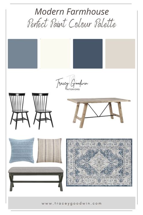 Modern Farmhouse Blue Paint, Contemporary Farmhouse Color Palette, Modern Farmhouse With Blue Accents, Modern Farmhouse Color Palette By Room, Modern Farmhouse Colour Palette, Farmhouse Color Pallet, Farmhouse Blue Paint, Modern Farmhouse Color Scheme, Modern Farmhouse Colors