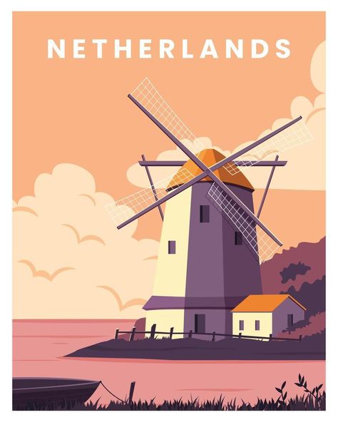 Netherland Travel Landscapes Vector Illustration with windmill. vector for poster, postcard, art print with minimalist style Country Illustration Art, Vector Travel Poster, Netherlands Illustration, Windmill Illustration, Europe Illustration, Travel Vector Illustration, Netherlands Poster, Penpal Ideas, Landmark Poster