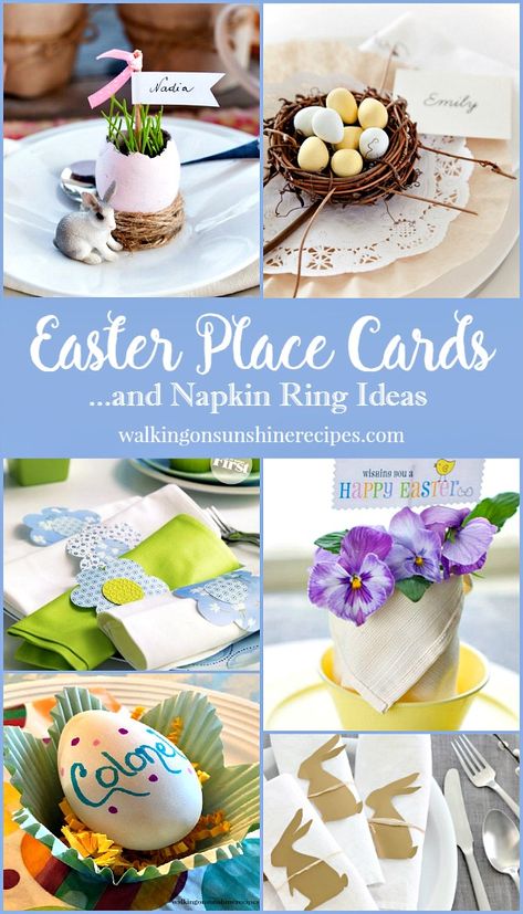 Easter place cards and napkin ring ideas featured on Walking on Sunshine to help you set a pretty table. Easter Dinner Place Settings, Easter Table Place Settings, Easter Place Settings Diy, Easter Table Name Cards, Easter Place Settings Name Cards, Easter Place Cards Ideas, Easter Favors For Table, Easter Name Tags Place Settings, Easter Place Cards Diy