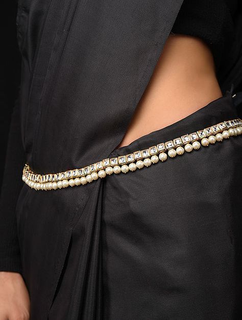 Buy Gold Tone Kundan Waist Belt with Pearls Online at Jaypore.com Hip Chain For Saree, Hip Chain, Hip Belts, Simple Lehenga, Waist Belts, Hip Belt, Black Saree, Shopping Coupons, Belly Chain