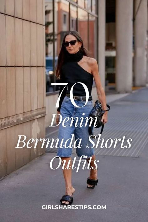 Denim Bermudas Outfit, Style Bermuda Shorts Women, Bermuda Outfits Women Summer, Styling Bermuda Shorts Summer Outfits, Denim Long Shorts Outfit, Long Bermuda Shorts Outfit, Jeans Bermuda Outfit, Denim Bermuda Shorts Outfit Street Style, Knee Length Shorts Outfits