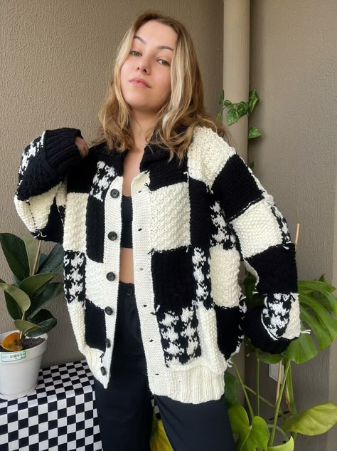 Item Information *Hanknit Black and White Jacket *All sizes are crochet according to demand. *This item is made to order, processing time for this item is around 3-4 weeks. *You can clean it in wash machine at 30 degrees. *If you have any questions please contact us. (Shipping, size, customization etc.) Welcome to AlisdaKnit! We started our journey with my mother we opened a little Instagram page called @alisdaknit for handmade, knitted clothes, crochet clothes; from now on we just started to se Black And White Sweater, Black White Crochet, Crochet Jacket Women, 80s Crochet, Black And White Sweater Outfit, Black Cardigan Crochet, Black Crochet Cardigan, Crochet Black And White, Black And White Cardigan Outfit