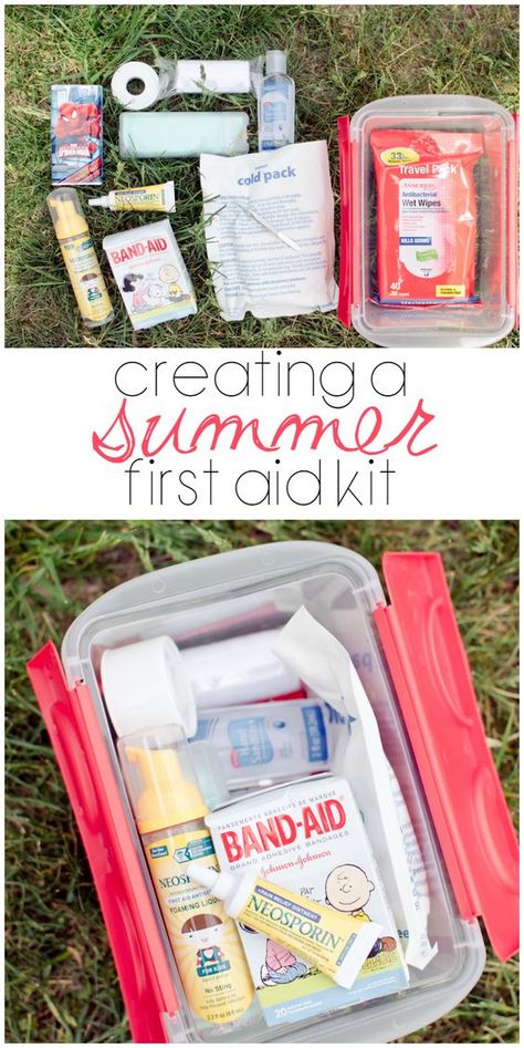 Be totally prepared for whatever the summer may bring you with a Summer First Aid Kit! First Aid Kit Band, First Aid Kit Checklist, Car Camping Organization, Diy First Aid Kit, Car Organization Diy, Camping First Aid Kit, Emergency Prepardness, Emergency Preparedness Kit, Camping Organization