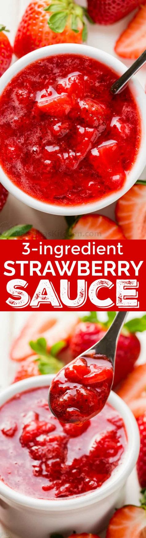 There is no rival for homemade strawberry sauce. It has just 3 ingredients and this is the easiest strawberry sauce recipe. This strawberry sauce is completely wonderful over ice cream, pancakes, waffles, pie, cheesecake, this trifle, you name it! Excellent homemade strawberry topping! | natashaskitchen.com #strawberrysauce #freshstrawberrysauce #strawberries Winter Marmelade, Strawberry Sauce Recipe, Simply Stacie, Homemade Strawberry Sauce, Cheesecake Toppings, Healthy Strawberry, Strawberry Topping, Strawberry Sauce, Easy Strawberry