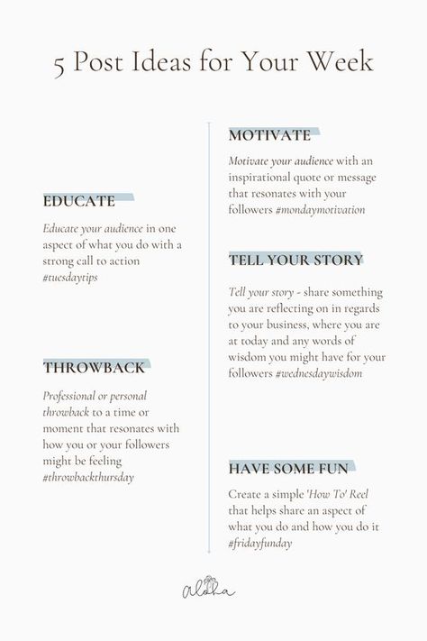 Isn't it nice to have a backlog of content ideas to keep your socials ticking consistently? Well here are 5 post ideas for your week, enjoy! Weekly Instagram Post Ideas, Content Ideas For Service Business, Weekly Posting Ideas Instagram, Inspirational Content Ideas, New Business Post Ideas, Saturday Content Ideas, Therapist Content Ideas, Easy Content Ideas, Life Style Content Ideas