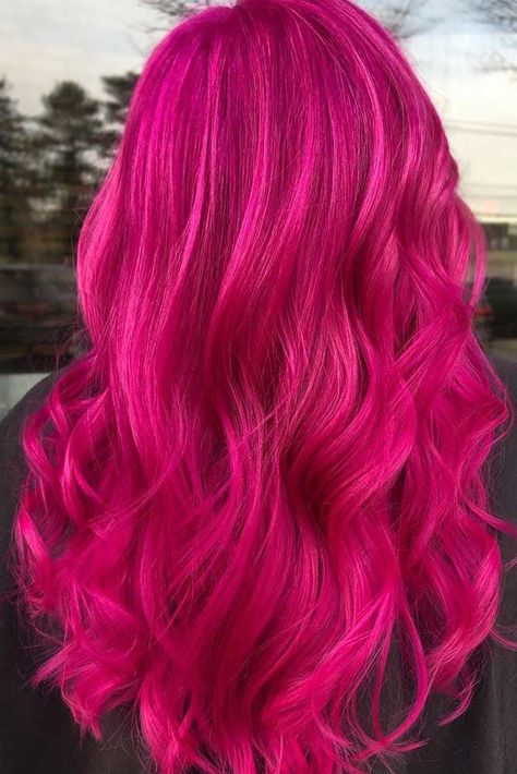 Amazing Magenta Hair Color Ideas ★ Long Magenta Hair, Cute Hair Color Ideas For Long Hair, All Over Pink Hair, Pink Vivid Hair Color, Pink Hair Vibrant, Bright Red Pink Hair, Fuchsia Pink Hair, Raspberry Color Hair, Fuschia Pink Hair