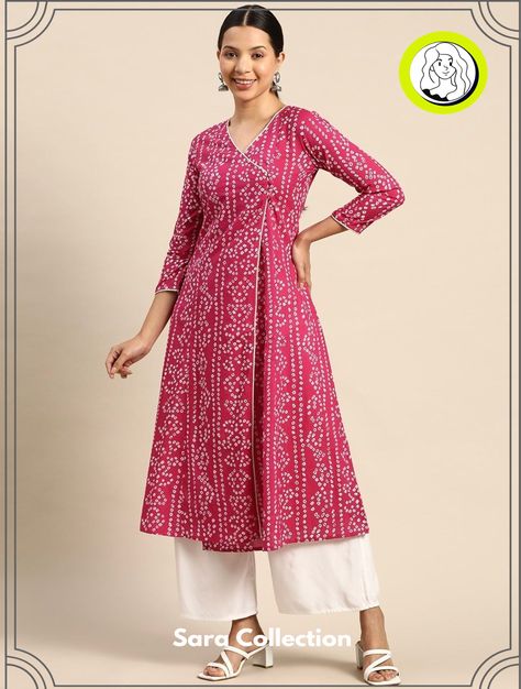 Unique Kurti Neck and Sleeve Combinations Badhani Kurtis Design Cotton, Bandhani Print Kurti, Everyday Kurti Outfits, Kurti Designs Latest Cotton Printed, Angrakha Style Kurti, Indian Dress For Women, Printed Kurti Designs, Indian Dresses For Women, A Line Kurti