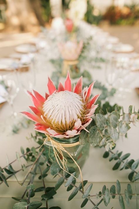 Ceremony Table Decorations, Cactus Backdrop, Wedding Ceremony Table, Protea Centerpiece, Ceremony Decorations Outdoor, Protea Wedding, Wedding Ceremony Decorations Outdoor, Outdoor Table Decor, Anna Kim