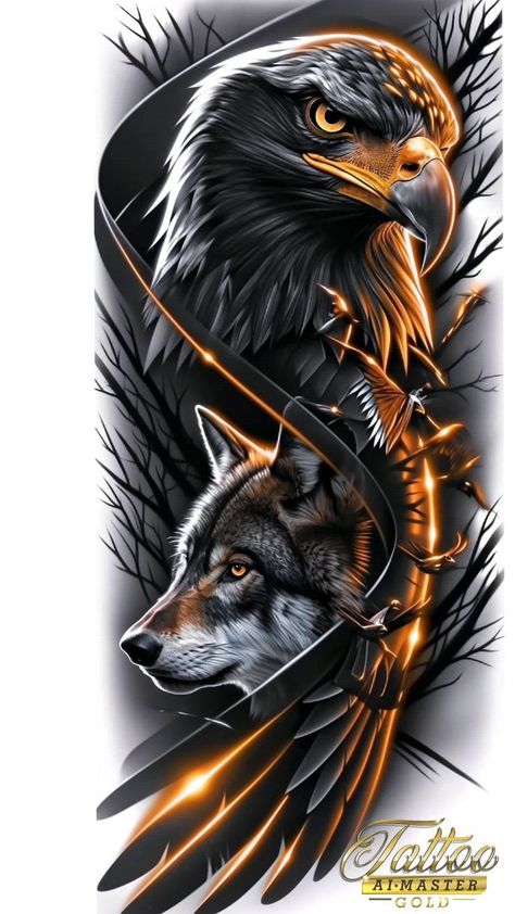 Wolf And Eagle Tattoo Sleeve, Eagle And Wolf Tattoo Design, Black And Gray Cover Up Tattoos, Eagle And Wolf Tattoo, Eagle Wolf Tattoo, Eagle Drawing Tattoo, Wolf Art Tattoo, Coverup Tattoo Designs, Eagle And Wolf