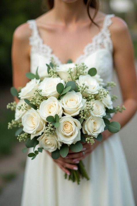 bridesmaid bouquet white green White Roses And Daisy Bouquet, Sage Green Bride Bouquet, Classic Flower Bouquet, Bride Bouquets Green, Hawaiian Flower Bouquet, Sage Green Bouquet, Rose And Eucalyptus Bouquet, Sage Green And White Wedding, Green And White Wedding Bouquet