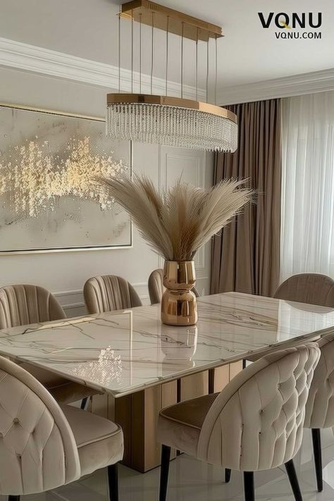 Interior Design For Dining Room, Luxurious Dining Chair, Modern Dining Table Marble, Modern House Interior Dining Rooms, Marble Table Decor Dining, Dining Chairs Modern Luxury, Dining Room Beside Kitchen, Dining In Kitchen Ideas, Home Gold Decor