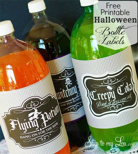 Free Halloween Soda Bottle Printables! www.skiptomylou.org #halloween #halloweenprintables Halloween Labels Printable, Halloween Bottle Labels, Black White Halloween, Free Printable Halloween, Skip To My Lou, Halloween Bottles, Bottle Label Template, Halloween Labels, Soda Bottle