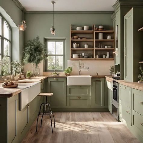 Rustic Colourful Home, Rustic Sage Kitchen, Green And Yellow Kitchen Ideas, Sage Green And Wood Kitchen, Green And Wood Kitchen, Kitchen Sage Green, Green Kitchen Aesthetic, English Countryside Style, Green Country Kitchen