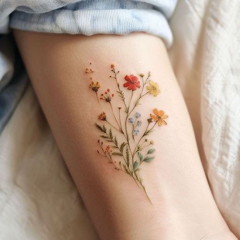 Wildflowers Tattoos, Dainty Wildflower Tattoo, Tacky Tattoos, Wildflower Tattoo Design, Wildflower Tattoos, Poetry Tattoo, Vintage Floral Tattoos, Wildflower Tattoo, Tasteful Tattoos