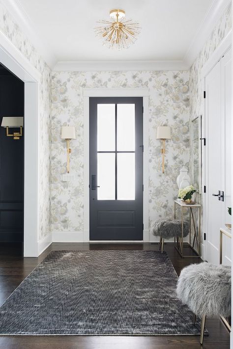 Foyer with pretty wallpaper Foyer With Wallpaper Entryway, Front Entry Wallpaper Ideas, Front Entrance Wallpaper, Small Entryway Ideas Wallpaper, Wallpaper Front Entry, Entryway Ideas Wallpaper, Foyer Wallpaper Ideas, Wallpaper In Foyer, Wallpaper Entryway Foyers