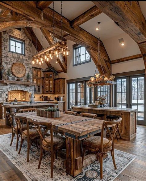 ￼ Log Cabin Homes Kitchen, Canadian House Interior Design, Western House Decor Ranch Style Rustic, Western House Interior, Old Fashioned Interior, Western Houses Ranch Style, Timber Frame Ceiling, Modern Log Home Interiors, Western Style House