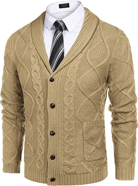 COOFANDY Men's Shawl Collar Cardigan Sweater Slim Fit Merish Aran Button Down Cable Knitted Sweater with Pockets (Type01-Dark Khaki, X-Large) at Amazon Men’s Clothing store Mens Shawl Collar Cardigan, Mens Shawl, Mens Knitted Cardigan, Aran Cardigan, Sweater With Pockets, Mens Cardigan Sweater, Shawl Collar Cardigan, Mens Fashion Classic, Long Sleeve Knitted Cardigan