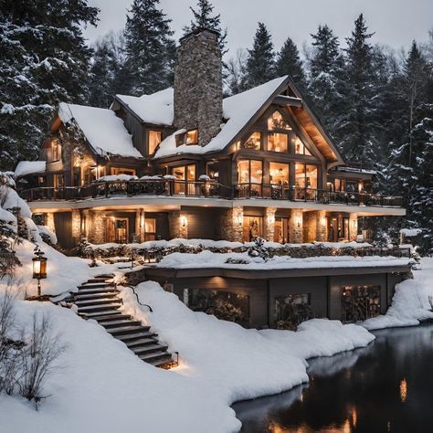 Wood Cabin Mansion, Ski Home Exterior, Winter Cabin Mansion, Fancy Cabin, House In Montana, Winter Lake House, Lake House Design, Home Lake House, Lodge Exterior