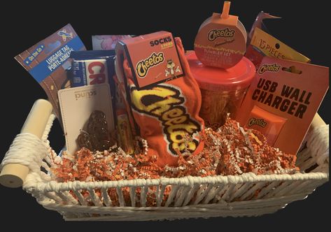 Birthday gift basket for some who likes Hot Cheetos ! Just add a hotCheetos bag and good to go Shower Baskets, Birthday Gift Basket, Senior Szn, Hot Cheetos, Baby Shower Baskets, Birthday Gift Baskets, Pampering Gifts, Birthday Weekend, Birthday Box