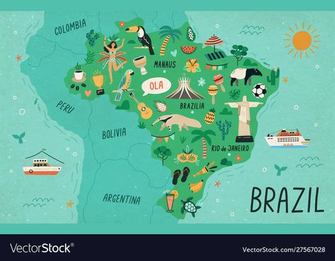 Free Printable World Map, Map Of Brazil, Brazil Map, Educational Illustration, Hand Drawn Vector Illustrations, Country Maps, Hand Drawn Vector, South America Travel, Illustrated Map