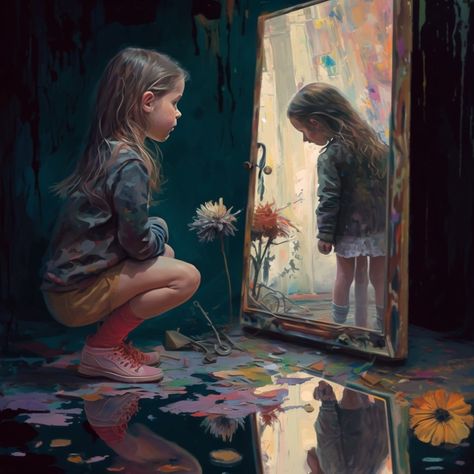 Reflections of moments, pure and true Of simple joys, that only childhood knew Of times, when the world was a happy place And a smile, could light up an innocent face. #Midjourney #aiart #prompt #childhood #girllookinginmirror #painting #memories #happydays #digitalart #artist #dreams #visionary #designer #verydetailed #photography #futuristic #vibrantcolours #floral #senseofself #aigeneratedart #machinelearning Feeling Safe Art, Moment In Time Art, Coming Of Age Art, Art About Memories, Childhood Dreams Art, Growing Up Painting, Childhood Memories Art Drawings, Accepting Imperfections Art, Childhood Traumatic Art