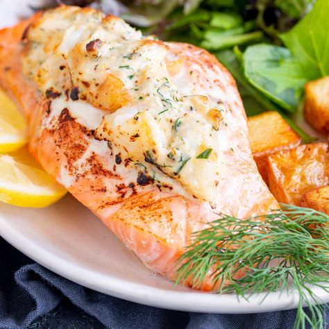 Stuffed Salmon Recipes Baked, Stuffed Salmon Recipes, Shrimp Stuffing, Shrimp Stuffed Salmon, Scallops And Chorizo, Authentic Spaghetti, Pan Fried Scallops, Spicy Shrimp Pasta, Pasta Salad Salmon