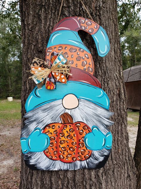 Fall Gnome Door Hanger, Gnome Signs, Gnome Door Hanger, Fall Displays, Leopard Print Pumpkin, Gnome Art, Gnome Paint, Mailbox Ideas, Gnome Door