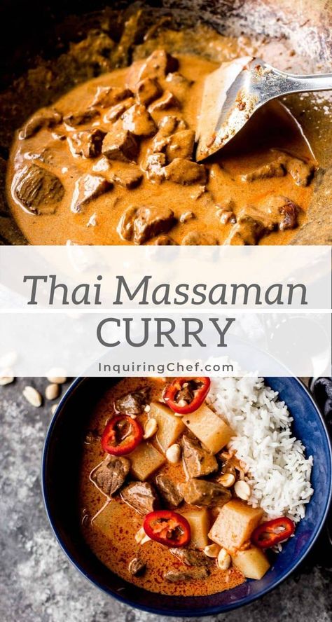 Thai Massaman Curry is mild, creamy, and totally addictive. This version is made with beef and topped with peanuts. #thaifood #thailand #beef #curry Thai Massaman Curry, Beef Massaman, Beef Massaman Curry, Massaman Curry Paste, Thai Beef, Massaman Curry, Indian Foods, Easy Potato Recipes, Thailand Food