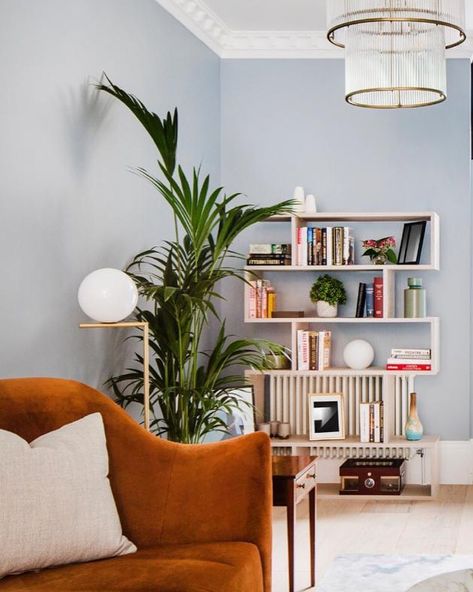 Lizzie Green on Instagram: “Powder blue and burnt orange🍊 Used together here in the living room of a project completed last year 🦋Can’t wait to shoot a couple more…” Light Blue Burnt Orange Living Room, Blue And Burnt Orange Nursery, Teal Sofa Orange Lamp, Burnt Orange Sofa Bed, Burnt Orange Armchair, Orange Rooms, Mini Office, Powder Blue, Burnt Orange