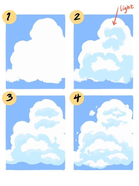 (1) Nicole Anisgard Parra 🌿 on Twitter: "💫CLOUD PAINTING TUTORIAL💫 Here is my workflow/method for illustrating/painting clouds that is fairly quick and efficient! You can achieve different looks with different brushes, but the overall principles remain the same. Hope this is somewhat helpful or informative! ☁️ ✨ https://t.co/w9r2yHQfJ2" / Twitter Painting Cloud Tutorial, Cloud Painting Reference, Clouds Digital Painting, Drawing Clouds Tutorial, Gouache Clouds Tutorial, Art Background Tutorial, Cloud Drawing Tutorial, Painting Clouds Tutorial, Digital Art Clouds