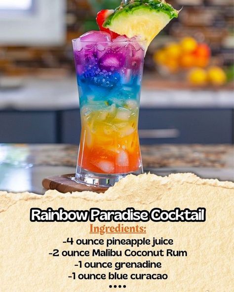 Rainbow Paradise Cocktail Recipe, Paradise Cocktail, Rainbow Cocktail, Malibu Coconut, Summer Drinks Alcohol, Cocktail Drinks Alcoholic, Mixed Drinks Alcohol, Yummy Alcoholic Drinks, Summertime Drinks