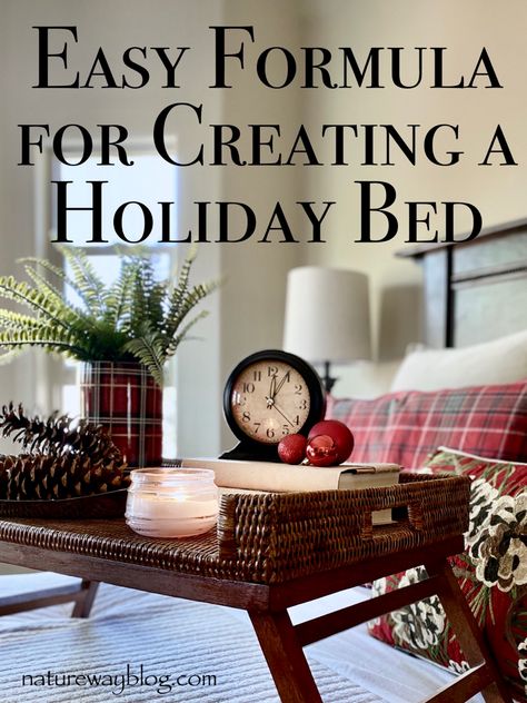 Bed Tray Decor Ideas, Bedroom Tray Decor, Bed Tray Decor, Tray On Bed, Christmas Guest Bedroom, Christmas Guest Room, Guest Bedroom Bedding, Holiday House Tours, Holiday Bed