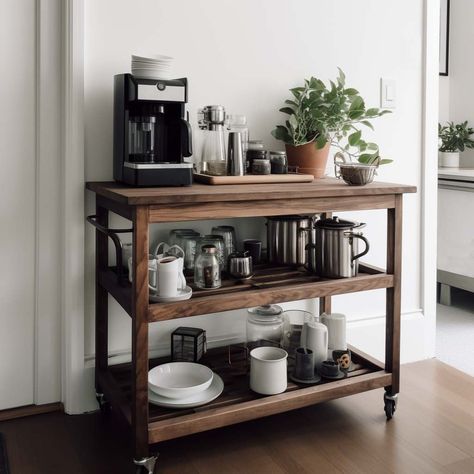 Coffee Bar Station Table, Ikea Cart Coffee Station, Coffee Nook In Living Room, Coffee And Tea Cart, Living Room Coffee Station, Diy Coffee Corner, Tea And Coffee Station Kitchen, Coffee Bar Table Ideas, Coffee And Tea Corner