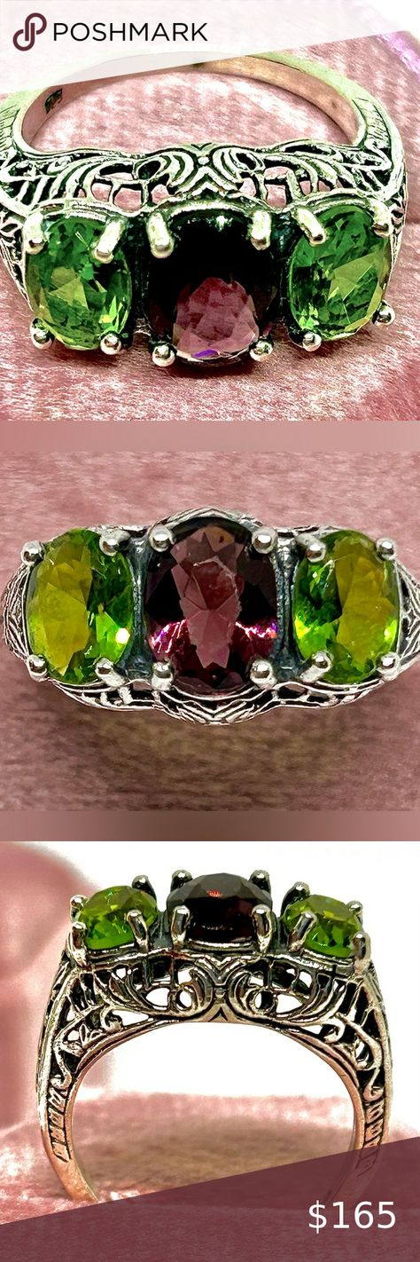 ANTIQUE FRENCH sz5.75 genuine Amethyst/PERIDOT Victorian FILIGREE 925 SS RING Ss Ring, Victorian Filigree, Victorian Ring, Old Rings, Trilogy Ring, Antique Ring, Kay Jewelers, Victorian Rings, Antique Rings