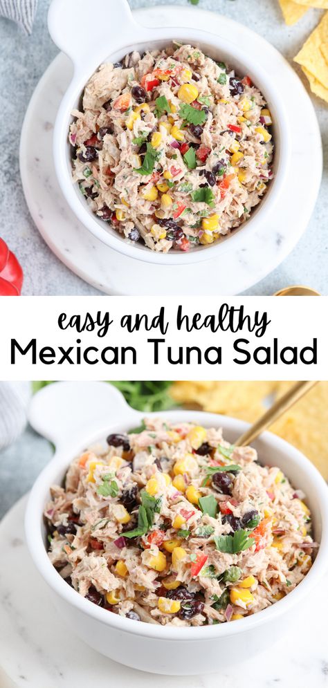 This Mexican inspired Tuna Salad is a healthy and delicious option for lunch or dinner. Made with canned tuna, black beans, corn, red bell peppers, mayo and classic Mexican flavors, such as jalapeño, cilantro and lime. Black Bean Tuna Salad, Southwest Tuna Salad, Tuna And Black Beans Recipe, Mexican Tuna Pasta Salad, Jalapeno Tuna Salad, Tuna Corn Salad, Tuna And Bean Salad, Tuna Salad With Corn, Healthy Canned Tuna Recipes