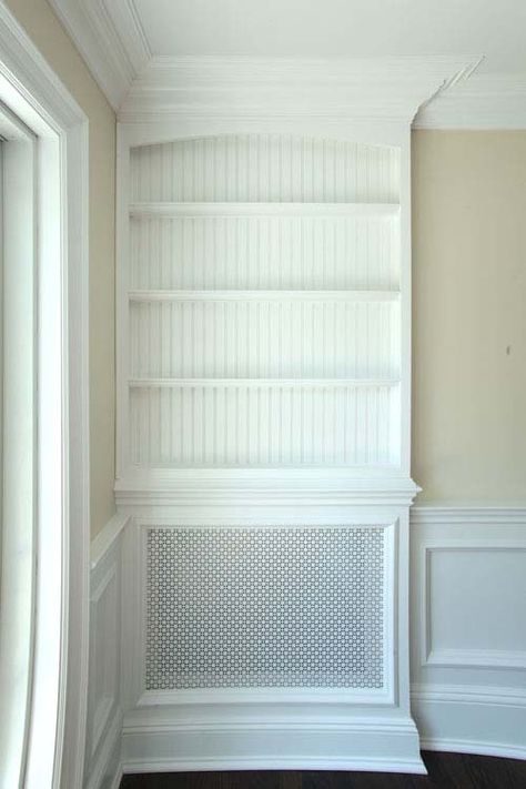 Long Island custom built-ins radiator cover Office Sitting Room Combo, Custom Radiator Covers, Living Room Bookcase, Upstairs Bathrooms, Long Island Ny, Radiator Cover, Home Upgrades, New Living Room, Basement Remodeling