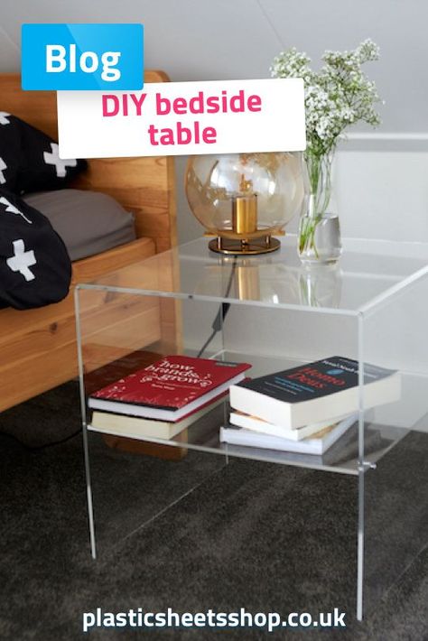 Clear Table Bedroom, Diy Acrylic Coffee Table, Diy Glass Side Table, Plexiglass Table Diy, Acrylic Table Diy, Clear Glass Nightstand, Clear Side Table Bedroom, Glass Top Bedside Table, Clear Acrylic Bedside Table