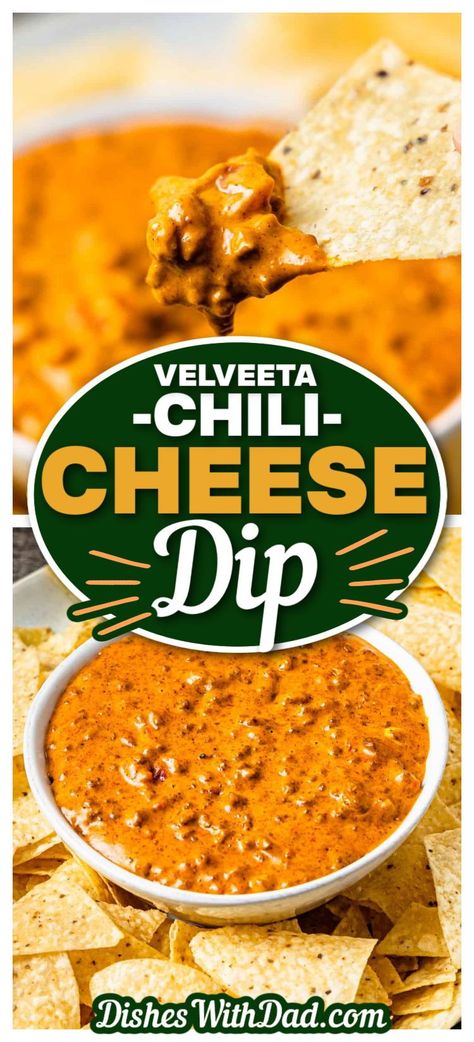 This easy Velveeta Chili Cheese Dip is the perfect appetizer for game day! It features a quick homemade chili and creamy Velveeta cheese for an easy appetizer that's loaded with flavor. In this post, I'll provide simple step-by-step instructions and tips to help you make this recipe perfectly every time! Velveeta Bean Cheese Dip, Stagg Chili Dip Recipe, Chilli Dip, Velveeta And Chili Dip, Velveeta Soup, Velvets Cheese Dip, Beef Velveeta Cheese Dip, Velveeta Meat Cheese Dip, Chili Cheese Dip Velveeta