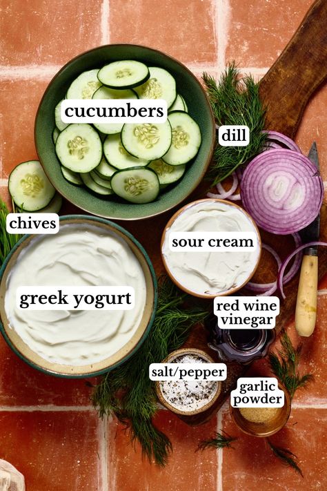 This creamy Greek Yogurt Cucumber Salad is a light and fresh summer salad full of crisp cucumbers, fresh herbs, and a tangy Greek yogurt dressing. It’s easy to make ahead and makes the perfect side dish for backyard BBQs or summer gatherings. Cucumber Salad Mediterranean, Cucumber Salad With Greek Yogurt, Greek Goddess Salad, Creamy Greek Salad, Cucumber Salad Creamy, Greek Yogurt Cucumber Salad, Greek Yogurt Salad, Indian Cucumber Salad, Cucumber Yogurt Salad