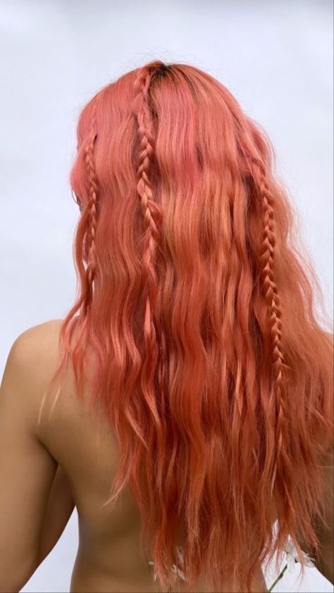 Coral Ginger Hair, Pink Red Orange Hair, Orange To Pink Hair, Ginger Hair Pink Highlights, Peach Red Hair, Ginger Pink Hair, Pink Ginger Hair, Ginger Hair With Pink Highlights, Pink And Ginger Hair