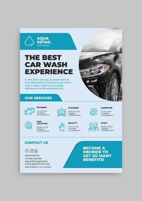 Professional Aqua Detail Car Wash Services Flyer Detail Car Wash, Car Wash Services, Brand Kit, Business Branding, Car Wash, Free Graphic Design, Flyer Template, Flyer Design, Homework