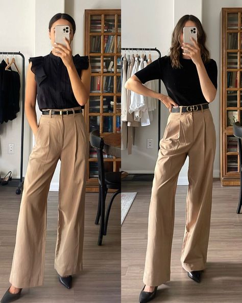 Women Brown Outfit, Beige Trousers Black Top, Slacks Dressy Outfit, Tan Straight Leg Pants Outfit, Black And Beige Outfit Women, Khaki Dress Pants Outfit, Tan Work Pants Outfit, Khaki Slacks Outfit Women, Tan Dress Pants Outfit