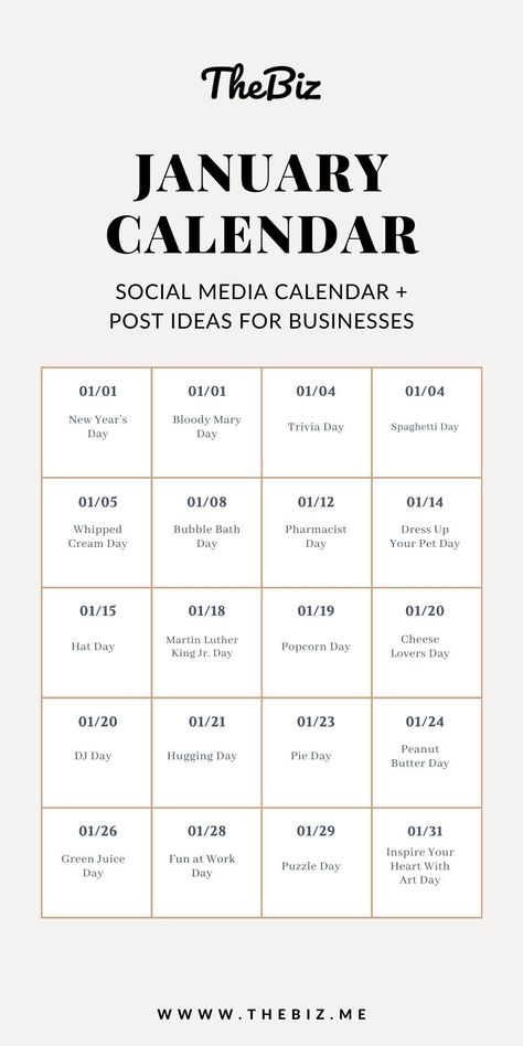 Looking for the perfect January Social Media Calendar for your business? Then check out this post where we have created the January content calendar and gave you post ideas and examples from actual businesses. Learn to use January's holidays and days of observance to grow your business and your social media presence! Check out this and other digital marketing and social media tips and tricks on our website! And don't forget to download our free templates! #SocialMedia #SocialMediaCalendar January Social Media Calendar, January Content Calendar, January Marketing Ideas, January Social Media Ideas, January Content Ideas, Content Calendar Small Businesses, Tiktok Growth, Posting Ideas, Content Calendar Template