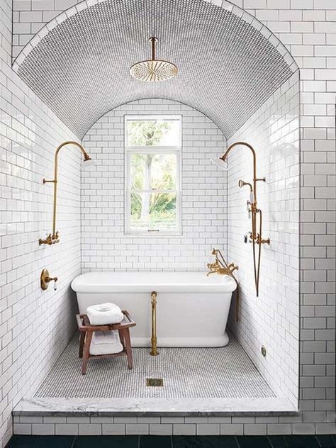 Wet Room Bathroom, Doorless Shower, Ford Interior, Bath Inspiration, White Subway Tiles, Wet Room, Shower Remodel, Traditional Bathroom, Bath Tub