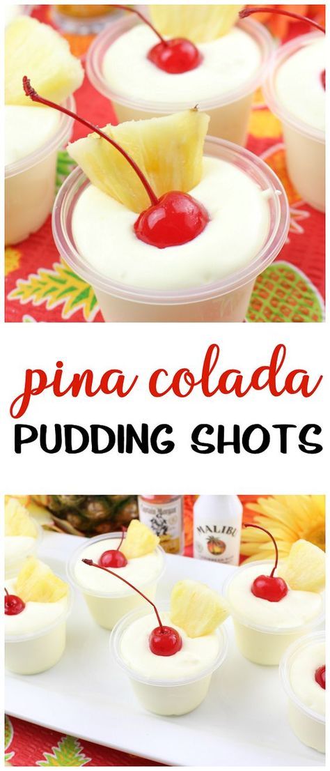 Make these pina colada pudding shots this summer! Fun alcoholic recipe for parties with friends. Yummy flavors of coconut, pinepaple, cherry etc Summer Pudding Shots Alcoholic, Pina Colada Pudding Shots, Pina Colada Pudding, Alcohol Deserts, Desert Shots, Parties With Friends, Pudding Shot Recipes, Alcohol Shots, Jello Shooters