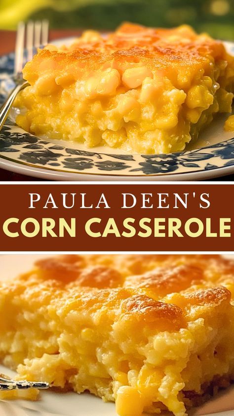 Savor the comfort of Paula Deen's Corn Casserole! This cheesy, buttery dish is easy to make and perfect for family dinners or holiday gatherings. With a delightful blend of sweet corn and creamy goodness, it’s a crowd-pleaser that everyone will love. Serve it warm and enjoy a taste of home! Perfect for potlucks and special occasions! Pioneer Women Corn Casserole, Corn Casserole With Bacon And Cheese, Corn Casserole With Corn Meal, Sweet Cream Corn Casserole, Christmas Corn Dish, Cornbread Casserole Thanksgiving, Southwest Cream Corn, Chevys Corn Casserole, Corn Pudding Paula Deen