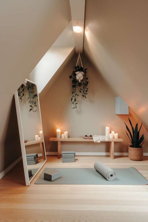 Make the Most of Small Attic Spaces with Low Ceilings Low Attic Room, Attic Lounge Ideas, Small Attic Ideas Low Ceilings, Small Attic Spaces, Small Attic Room Ideas, Low Ceiling Attic, Yoga And Meditation Space, Attic Design Ideas, Small Attic Room