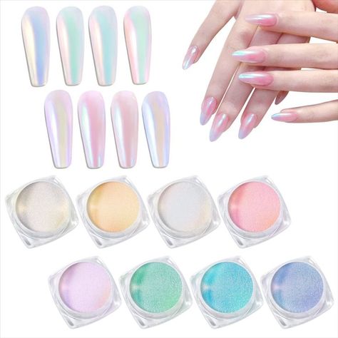 Laza Mermaid Pearl Nail Powder, 8 Colors Aurora Pearlescent Chrome Powder, Ice Transparent Nail Powder, Mirror Effect Chameleon Iridescent Nail Powder for Nail Decoration Manicure - Sweet Candy Pearl Chrome Nail, Mermaid Nail Powder, Nail Art Paillette, Nail Design Kit, Pearl Chrome, Mermaid Pearl, Aurora Nails, Chrome Nails Designs, Chrome Nail Powder